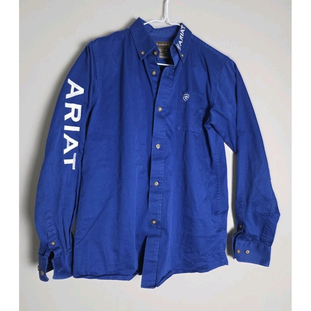 Ariat Team Logo Shirt Boys L 14-16 Royal Blue Button Down Long Sleeve Western